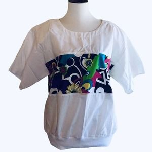 Vintage 80s Blouse Retro Top White Colorful Floral Center Stripe